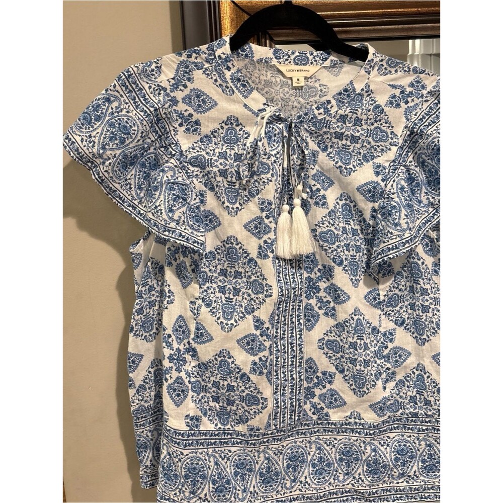 Lucky Brand Blue & White Tassel Tie Peasant Blouse Size M